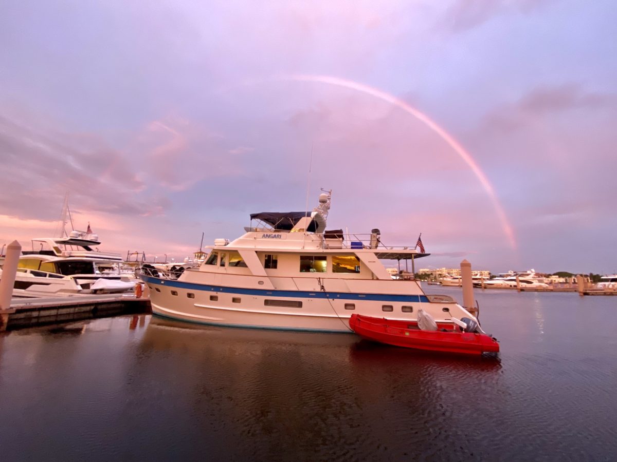 Rainbow over RV ANGARI with Whaly tender