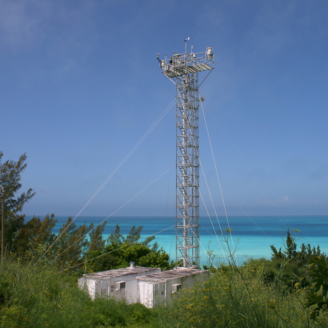 The Tudor Hill Marine Atmospheric Observatory tower in Bermuda is an NSF-funded facility that collects aerosols, dust and rain without human contamination. PC: Tim Conway