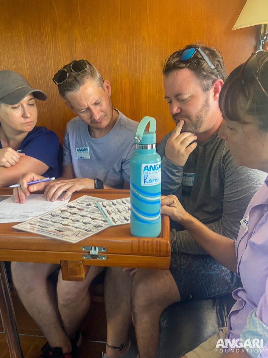 Educators practice their marine species identification skills on BRUVS footage in R/V ANGARI’s pilothouse. PC: Delaney Foster