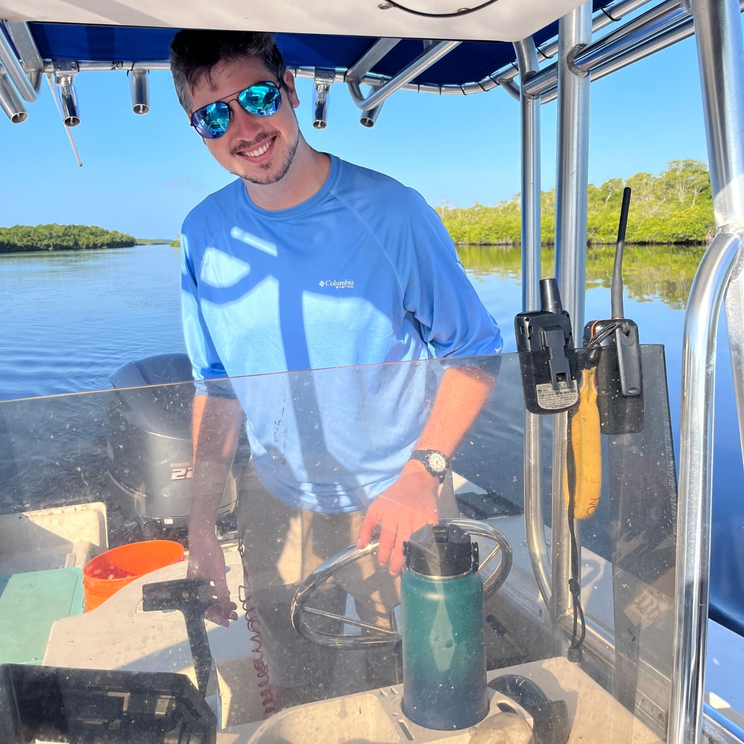 We always have to make sure we have all of our safety gear and bring lots of water when operating boats in the remote parts of the Everglades! PC: Sophia Hemsi