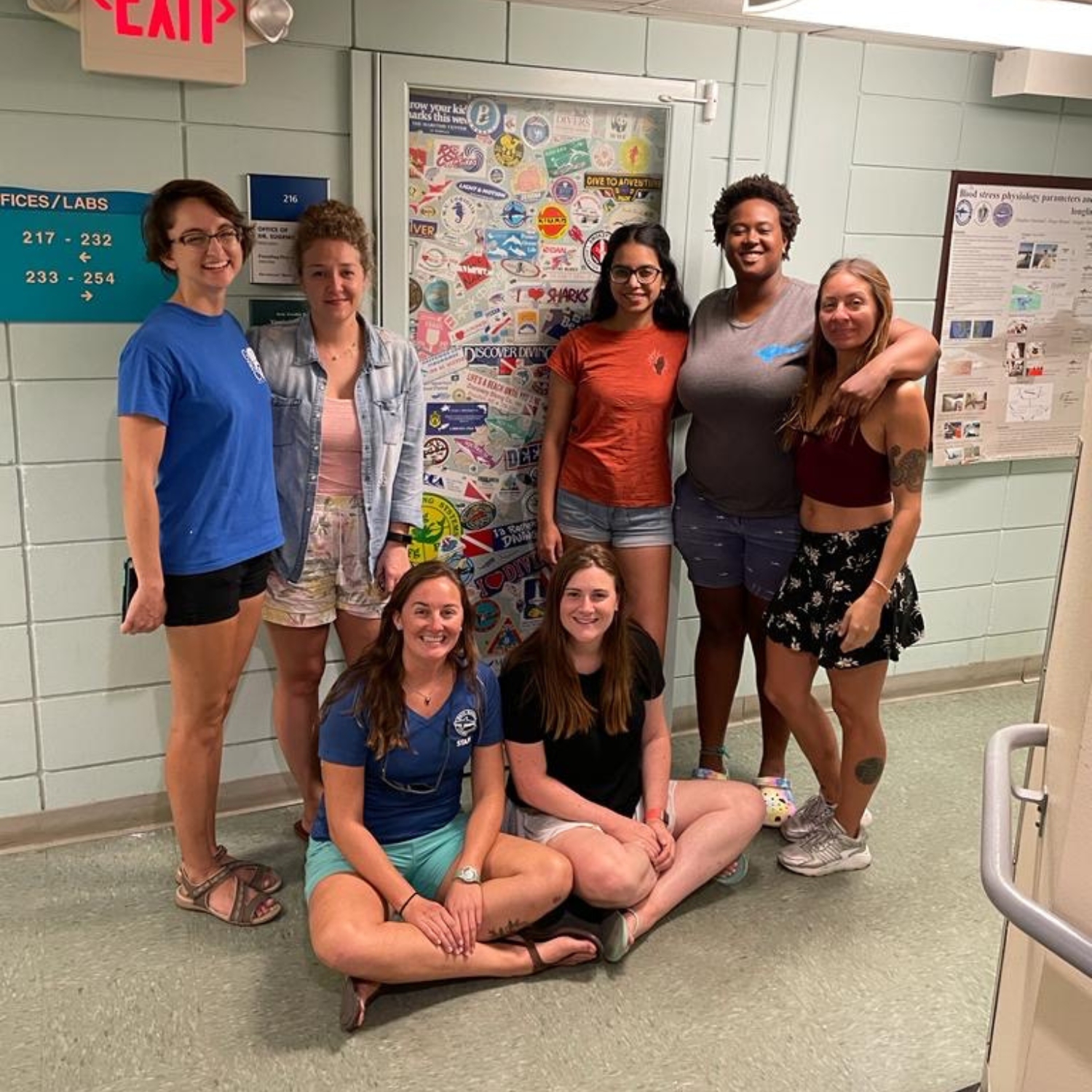 This is a Predator Ecology & Conservation Lab group photo outside Eugenie Clark’s, aka “Shark Lady” office.