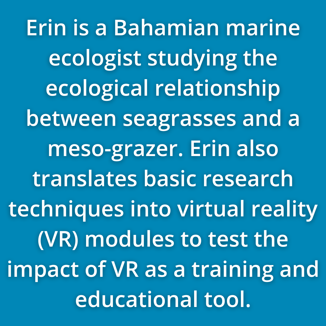 Erin Johnson Is A Bahamian Marine Ecologist Studying The Ecological Relationship Between Seagrasses And A Meso-grazer. Erin Also Translates Basic Research Techniques Into Virtual Reality (VR) Modules To Test The Impact Of VR As A Training And Educational Tool.