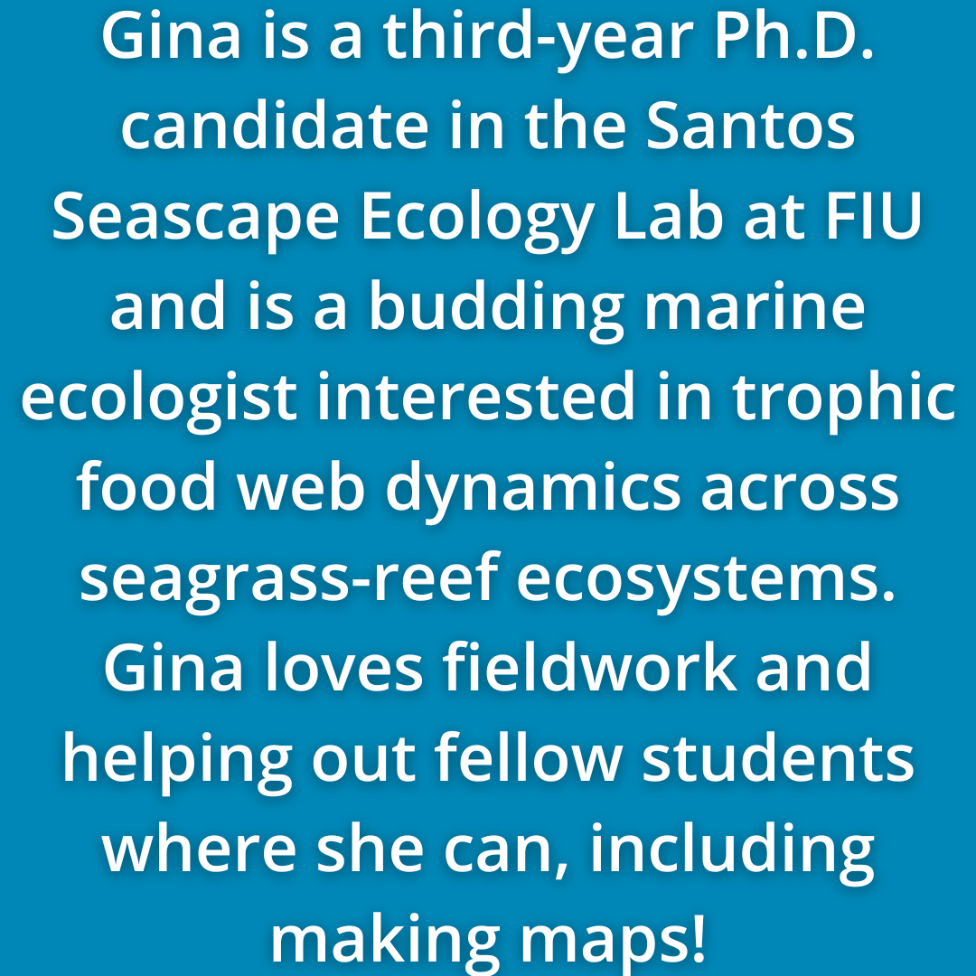 Gina Badlowski Is A Third-year Ph.D. Candidate In The Santos Seascape Ecology Lab At FIU And Is A Budding Marine Ecologist Interested In Trophic Food Web Dynamics Across Seagrass-reef Ecosystems. Gina Loves Fieldwork And Helping Out Fellow Students Where She Can, Including Making Maps!