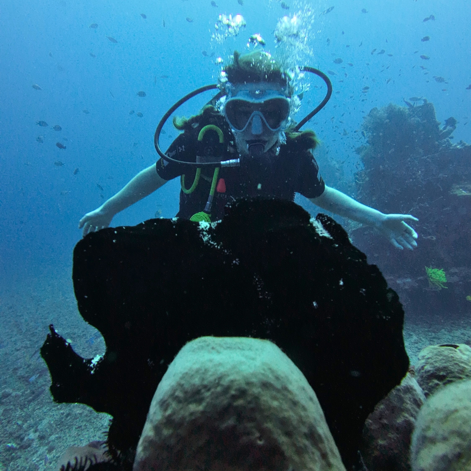 I'm overjoyed to be staring at a massive black hairy frogfish while diving in Bali! PC: I Nengah (Coco) Sudiata