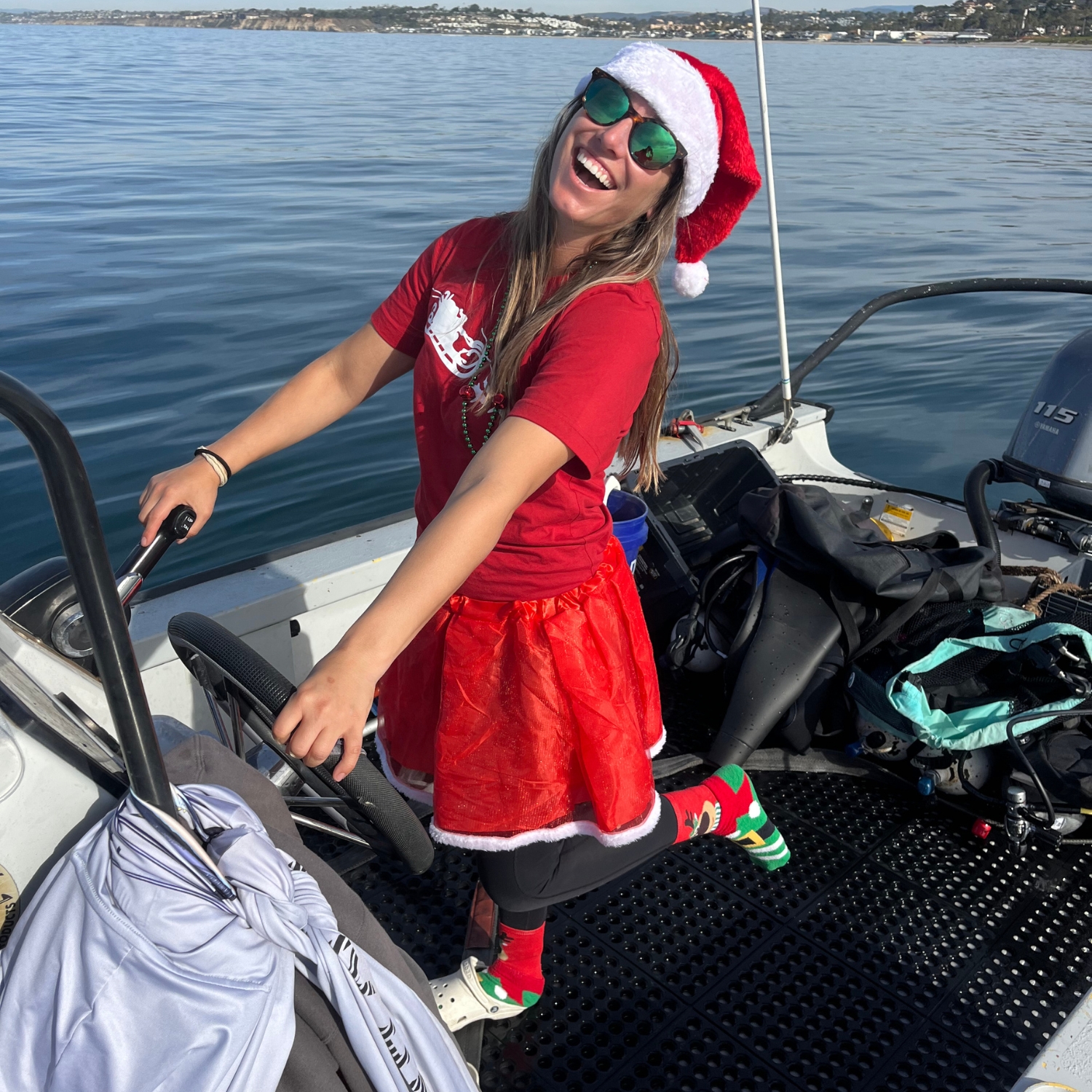 I am channeling my Christmas spirit while driving the boat during fieldwork.